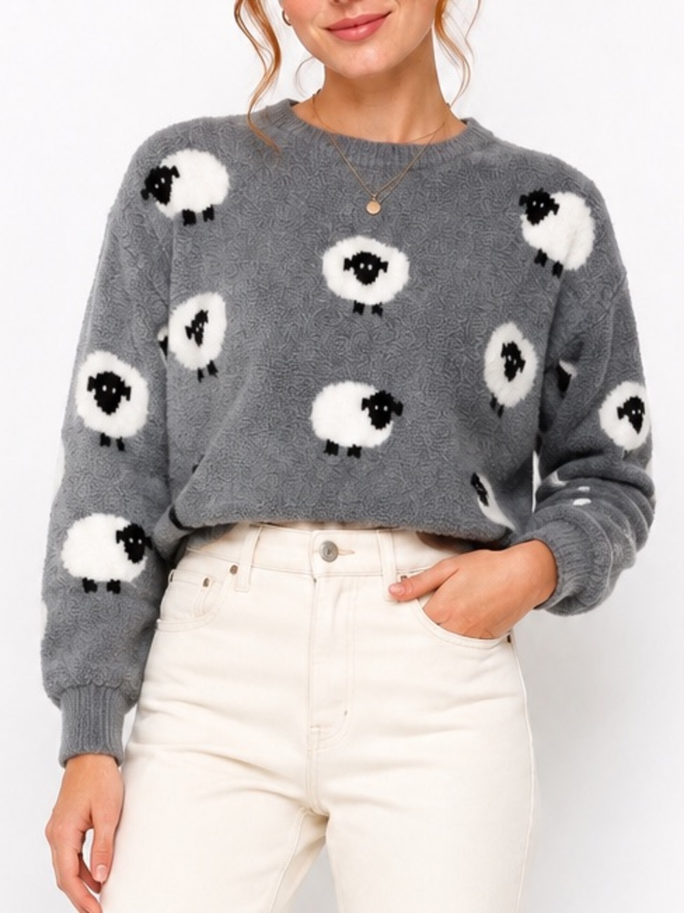 Sincerely Jules Gray Fuzzy Sheep Novelty Sweater Cottagecore Cropped Pullover S